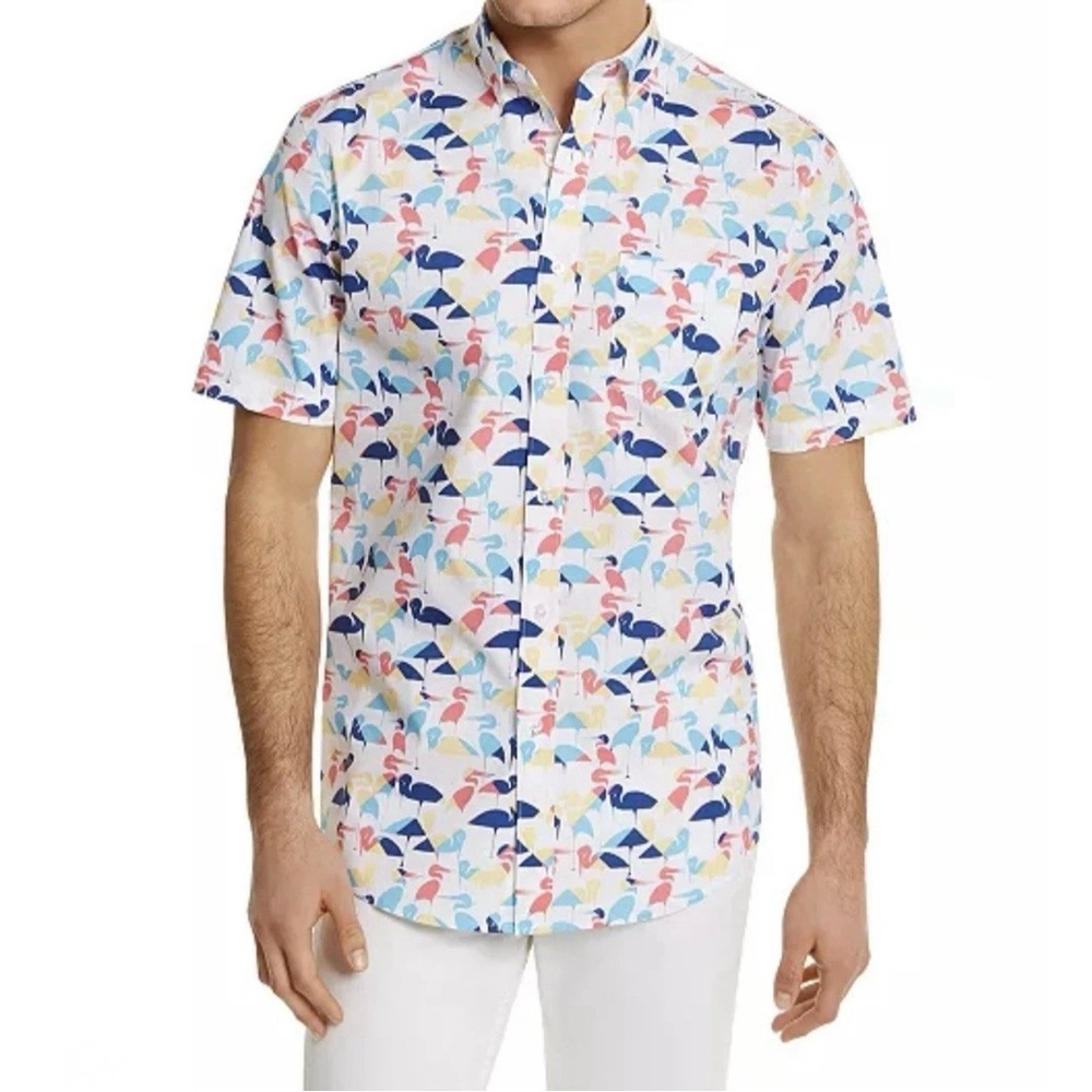 Club Room Men's Crane Flamingo Button Down Shirt Short Sleeve Vacation Beach S